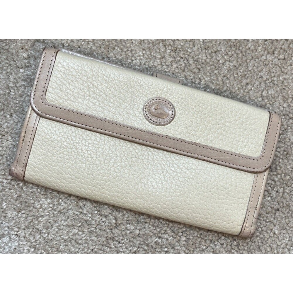 Vintage Dooney Bourke Wallet All Weather Leather Beige Trifold Checkbook Durable